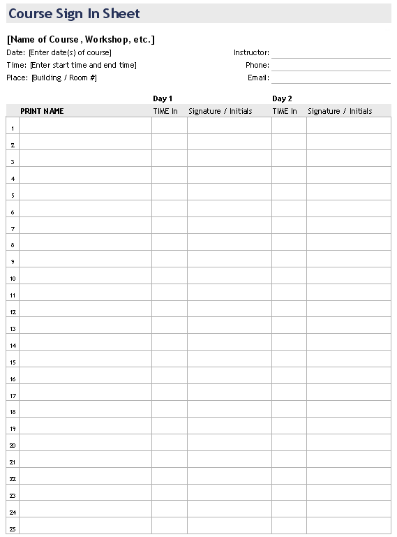 Course Sign In Template Screenshot