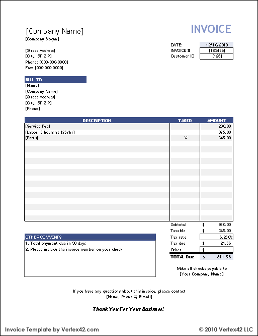 Sample Invoice Template Excel