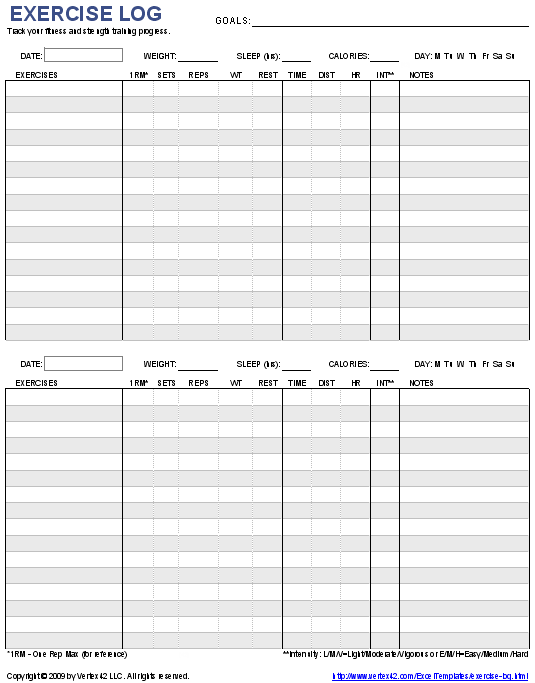 weight loss log. Printable 2-Day Exercise Log