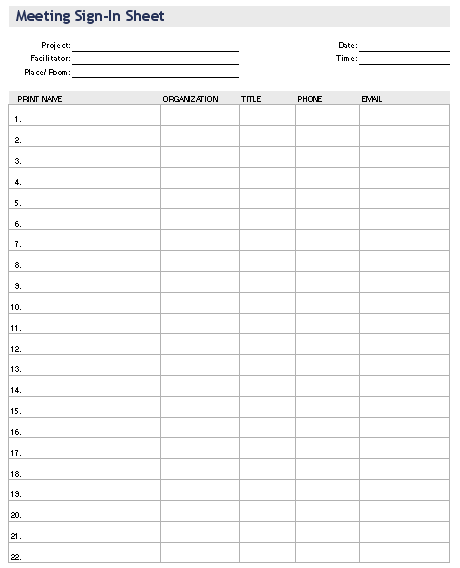 Meeting Sign In Sheet This meeting sign in template lets you collect the