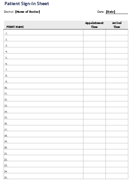 Printable Patient Sign in Sheet Template