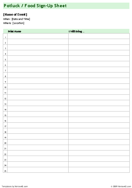 Potluck Sign Up Sheet Use this potluck food sign up template to let 