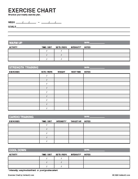 exercise chart for weight loss. Printable Exercise Chart