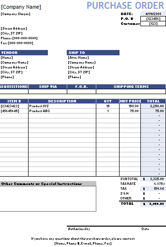 Purchase Order Template for Excel
