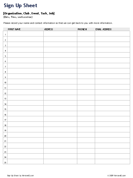 Sign Up Sheet Template (.xlsx - Excel 2007+, Excel for iPad/iPhone)