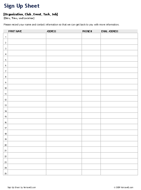 Sign Up Sheet Template