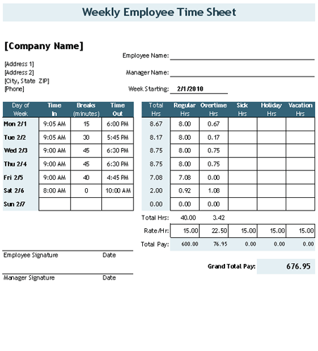 employee timesheet template. Timesheet Template With Breaks