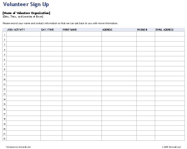 Vbs Volunteer Sign Up Sheet Template