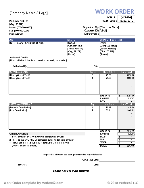 Free Work Order Form Templates