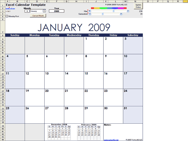 Screenshot of Excel Calendar Template 1.3.4