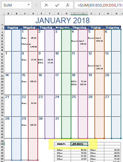 Sum of Daily Amounts in the Budget Calendar