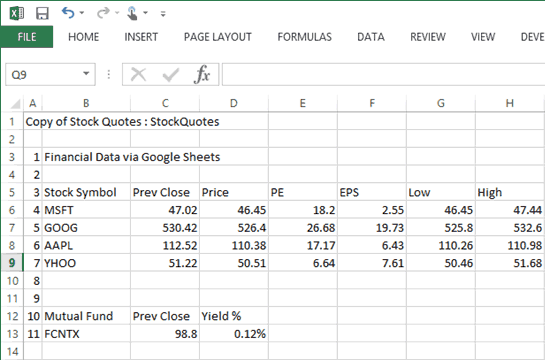 Excel Stock Quotes Web Query Results