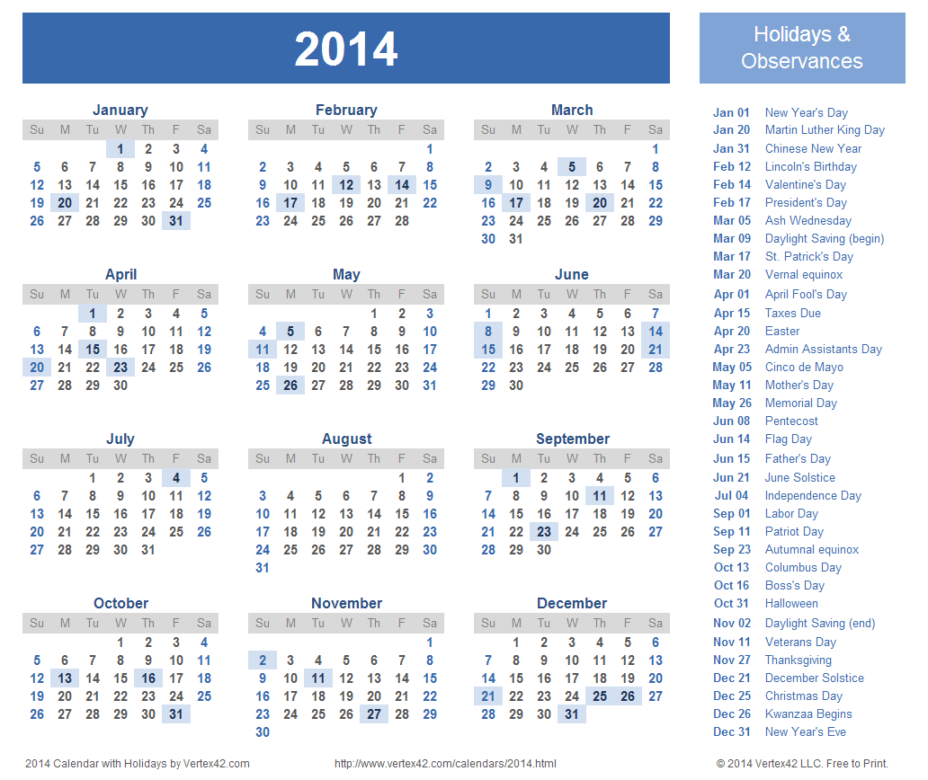 2014 Calendar With Holidays