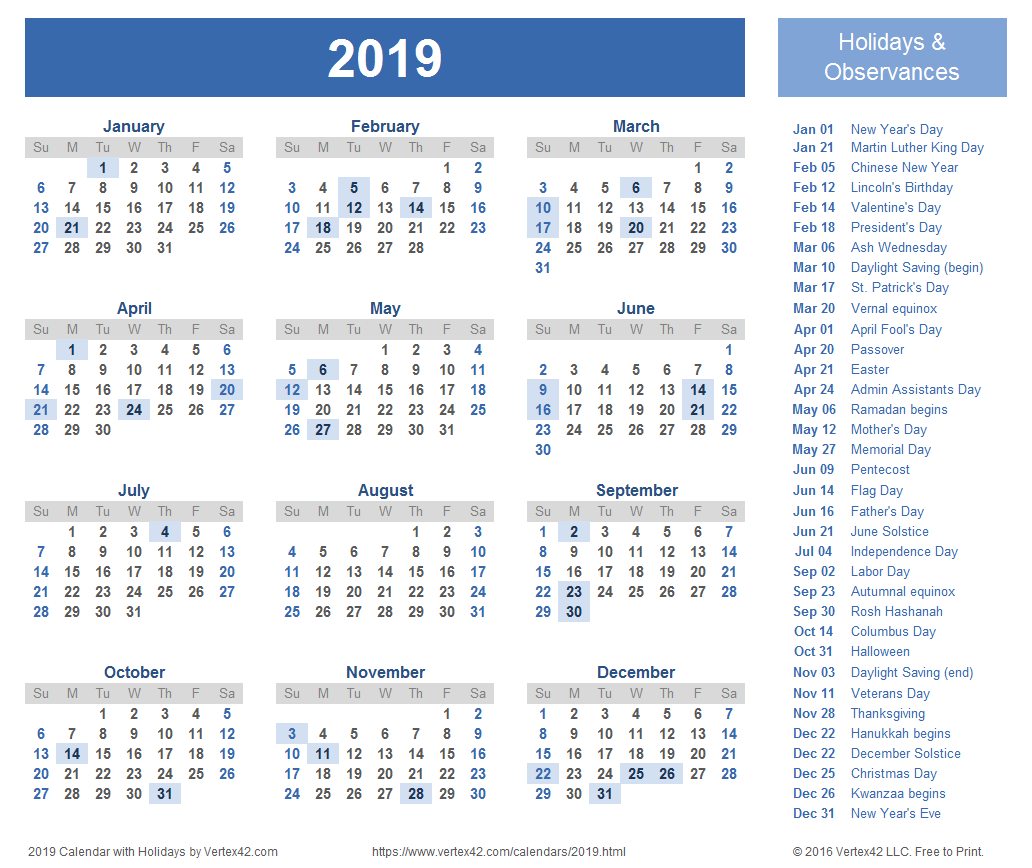 Calendar With Holidays 2019