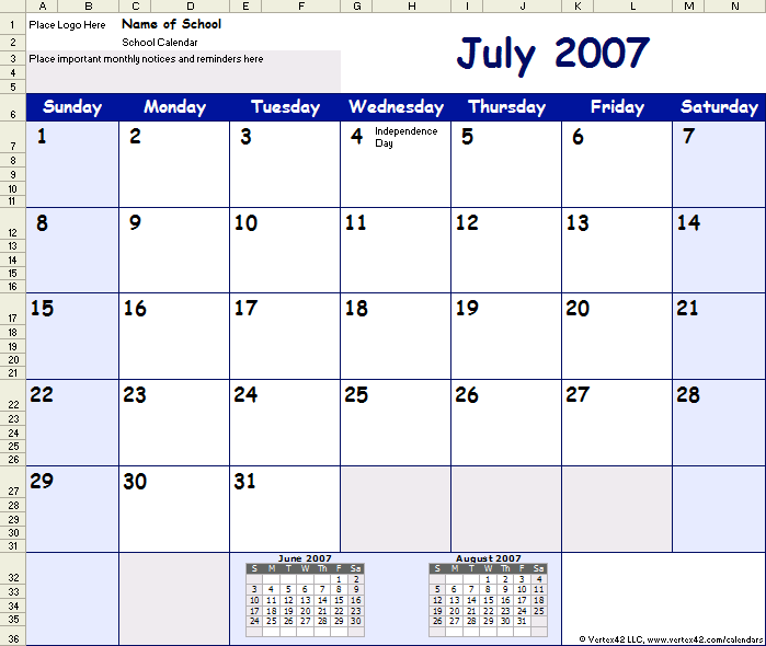 Free 2010-2011 School Calendar Template for Public and Elementary School 