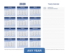 Yearly Calendar with Notes - Landscape
