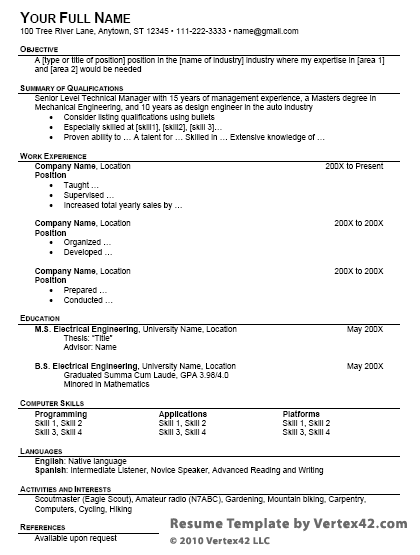 formats for cv. curriculum vitae format