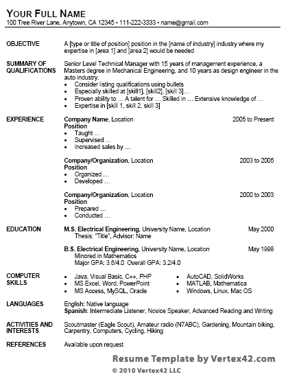 Free Resume Template  Excel Templates
