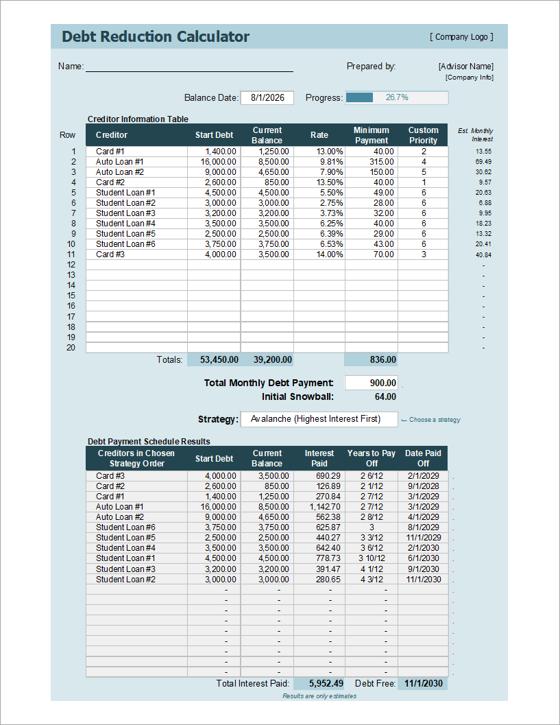 Debt Reduction Calculator - Pro Version