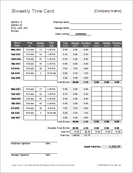 Biweekly Timecard Calculator in Excel - Print Preview