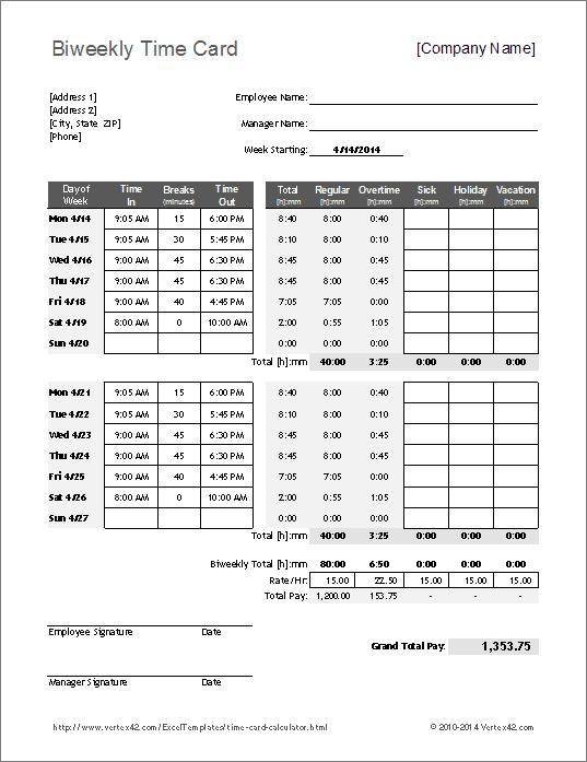 Bi Weekly Time Card Template from www.vertex42.com