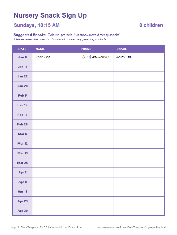 Snack Sign Up Template for Nursery