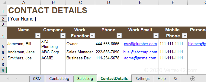 CRM Database Contact Details Table