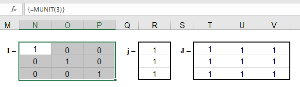 Identity and Ones Matrices in Excel