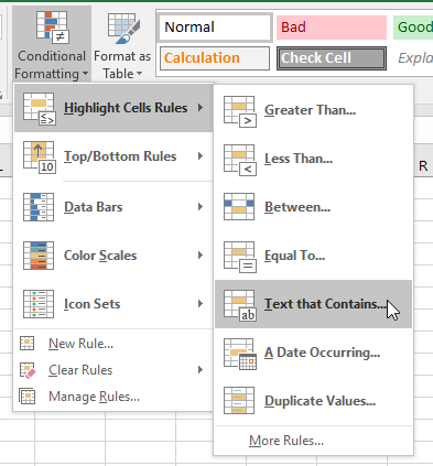 Screenshot from Excel: Conditional Formatting - Text That Contains
