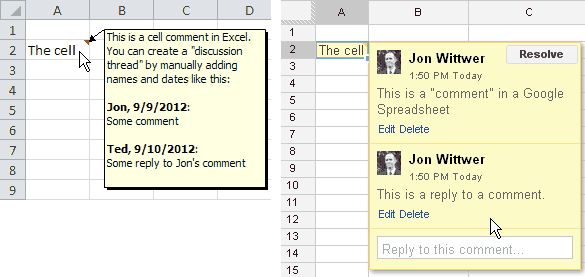 Examples of Comments in Excel and Google Docs