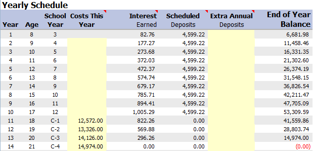 College Savings Yearly Schedule