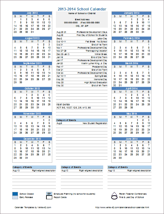 calendar template for school assignments
