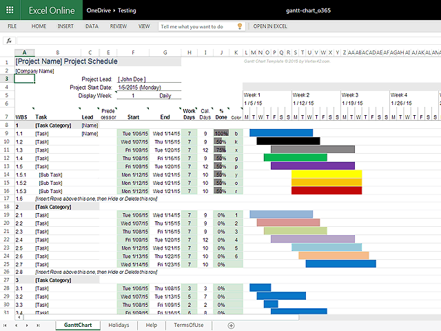 Screenshot of the Gantt Chart Template for Excel Online.