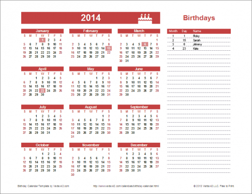 Vertex42's Yearly Birthday Calendar Template