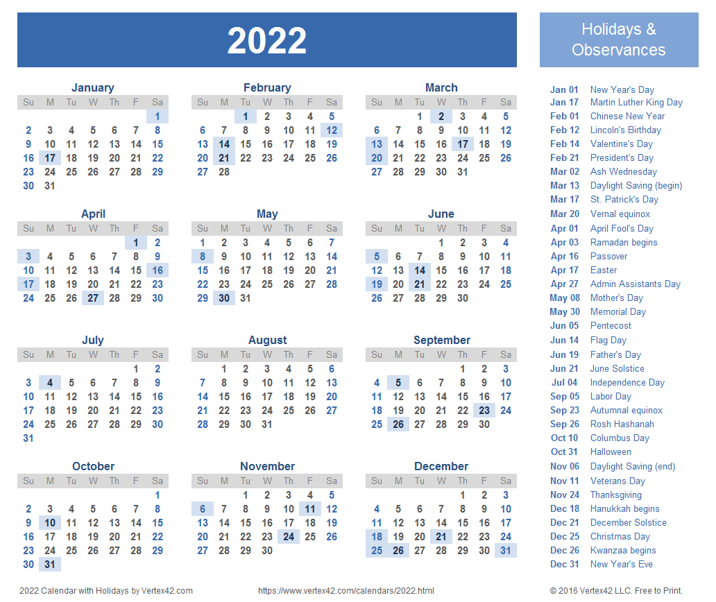 With 2022 holidays calendar 2022 Calendar