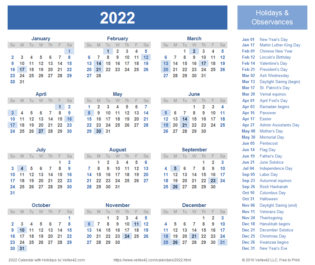 2022 calendar with federal holidays usa