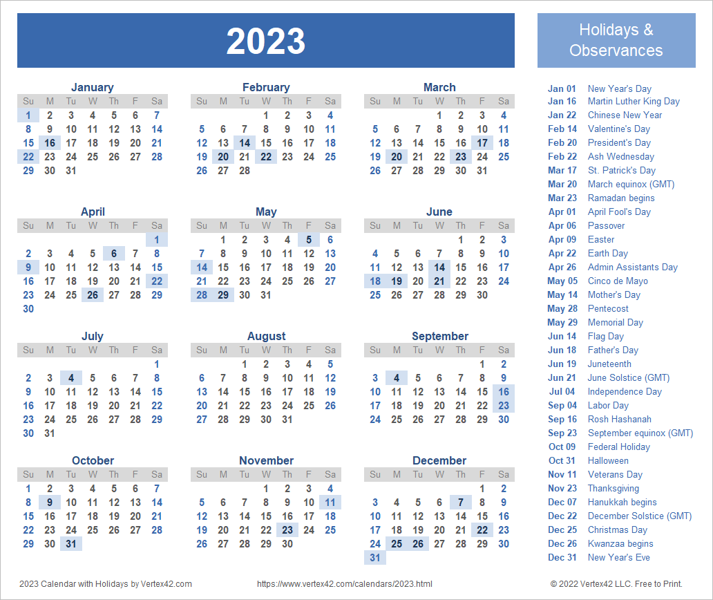 Printable 2023 Holiday Calendar