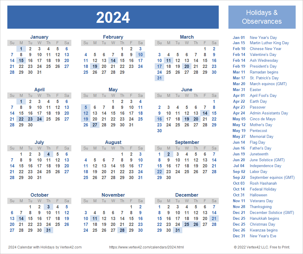 2024 Calendar With Holidays Printable Customize and Print