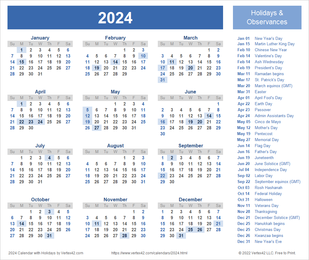 Free Printable Calendar 2024 With Holidays Martin Printable Calendars