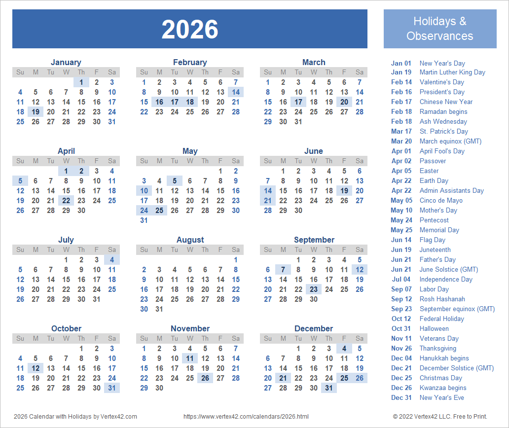 2026 Calendar with Holidays