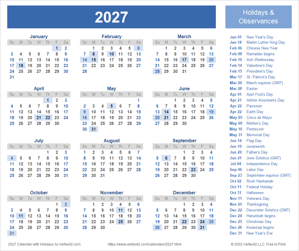 Printable 2027 Holiday Calendar