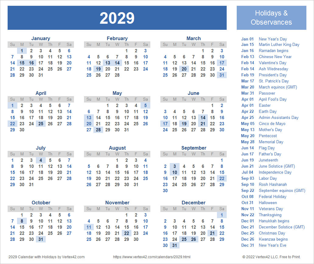 2029 Monthly Calendar With Holidays Notes Printable Fillable A4Letter 